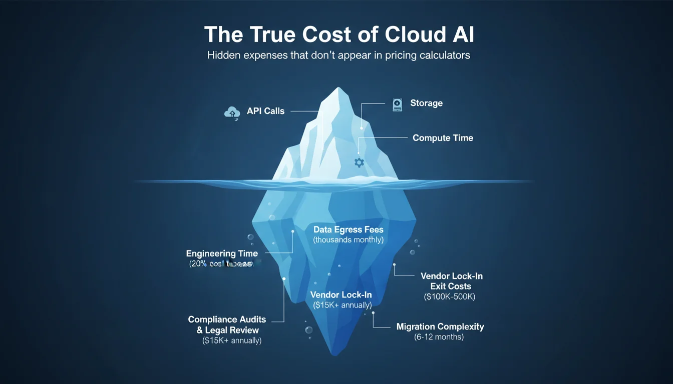 Iceberg diagram showing hidden costs of cloud AI below the surface including management time, data egress, compliance audits, and migration costs