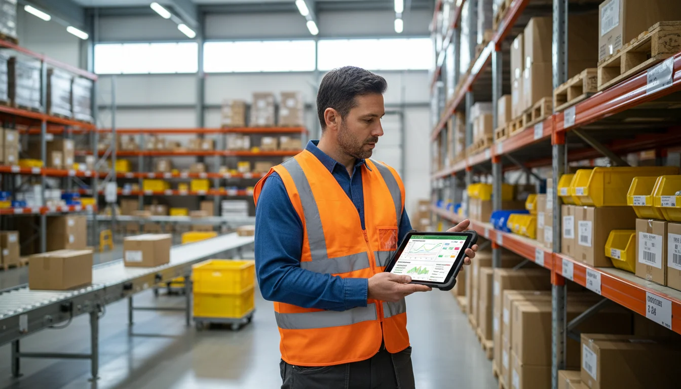 Warehouse worker using tablet with AI-powered inventory management system showing predictive analytics and stock levels