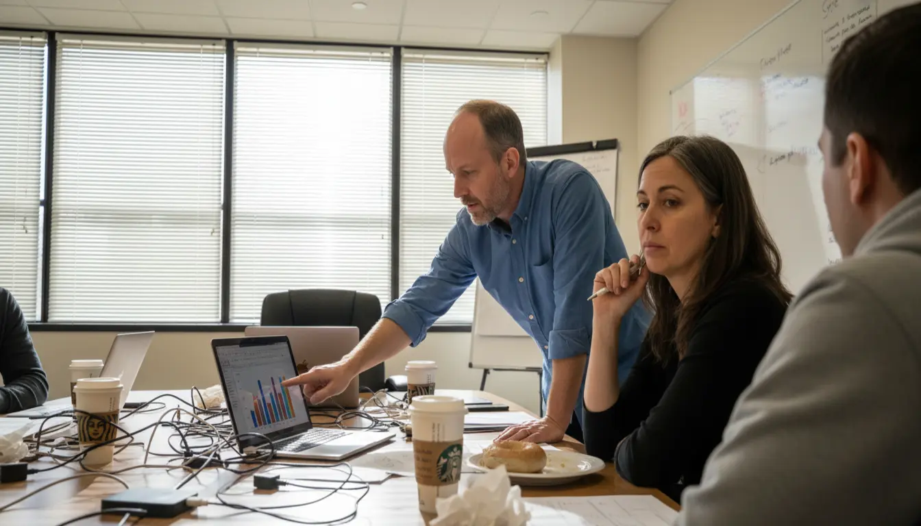Executive team in strategic planning session discussing AI implementation roadmap with analytics displayed on presentation screen