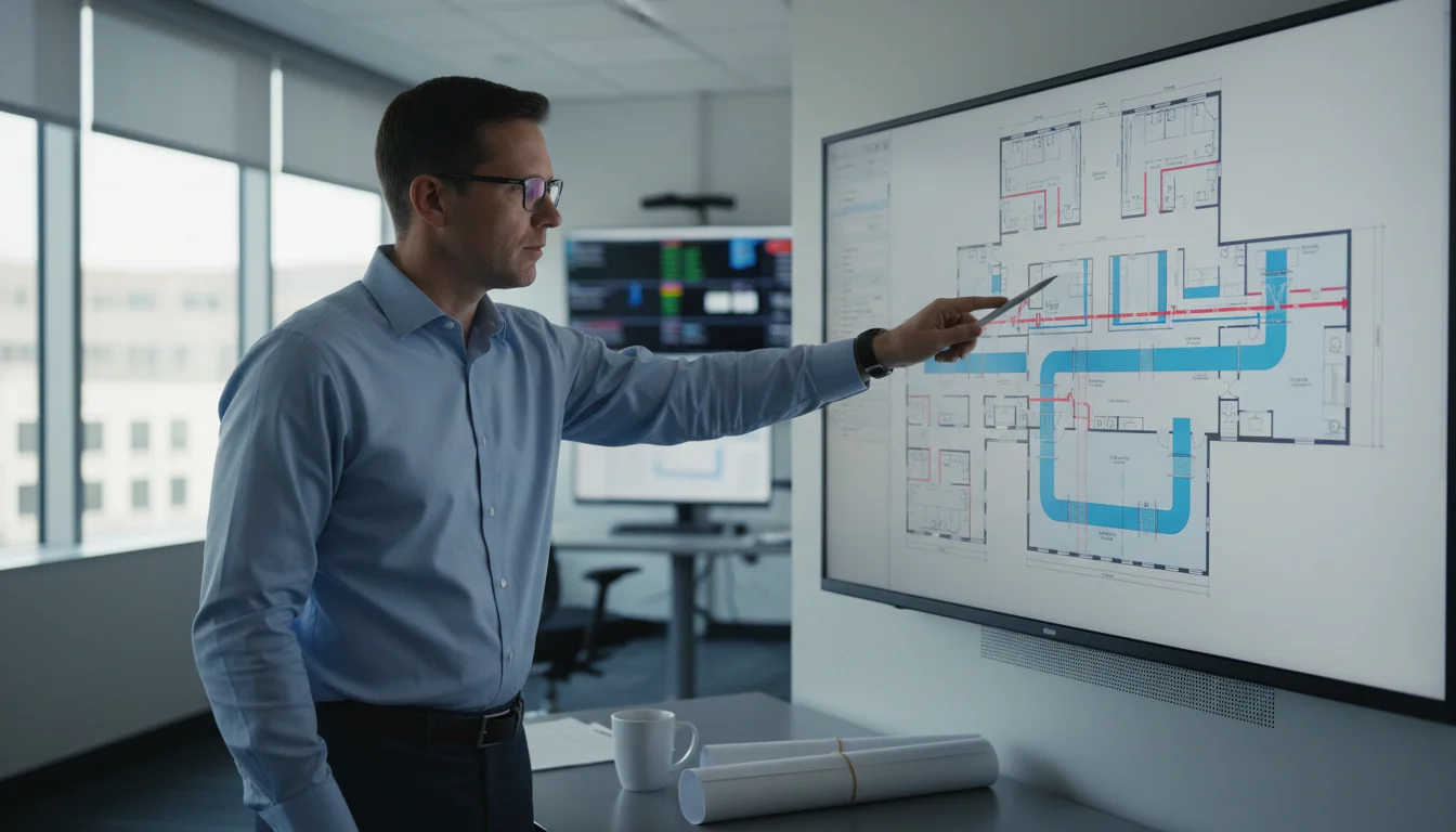 Facility engineer reviewing HVAC mechanical floor plans on monitor in building operations center