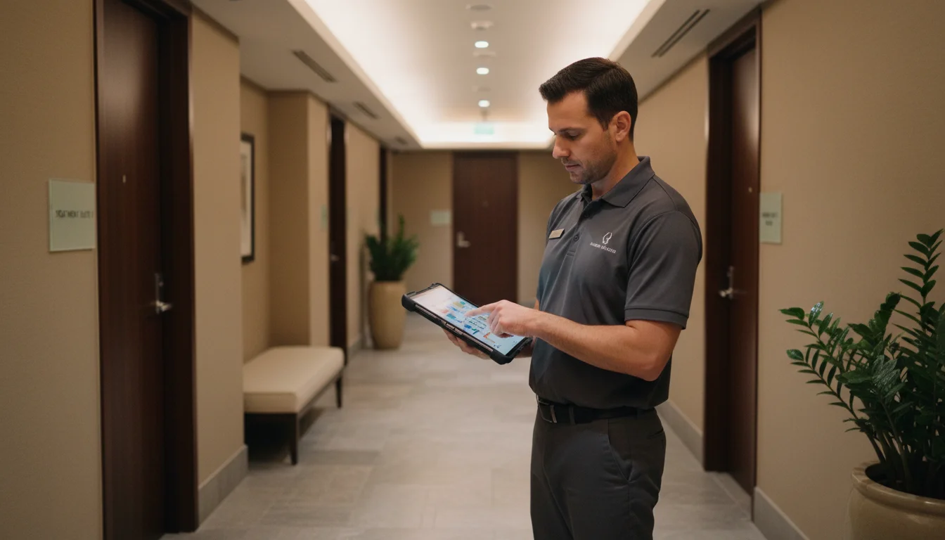 Hotel maintenance technician using tablet to check HVAC system in luxury spa hallway