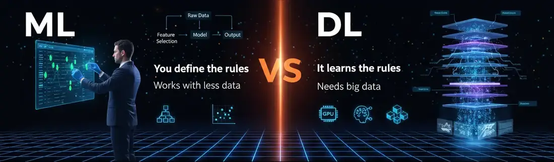 The contrast between deep learning and machine learning concepts