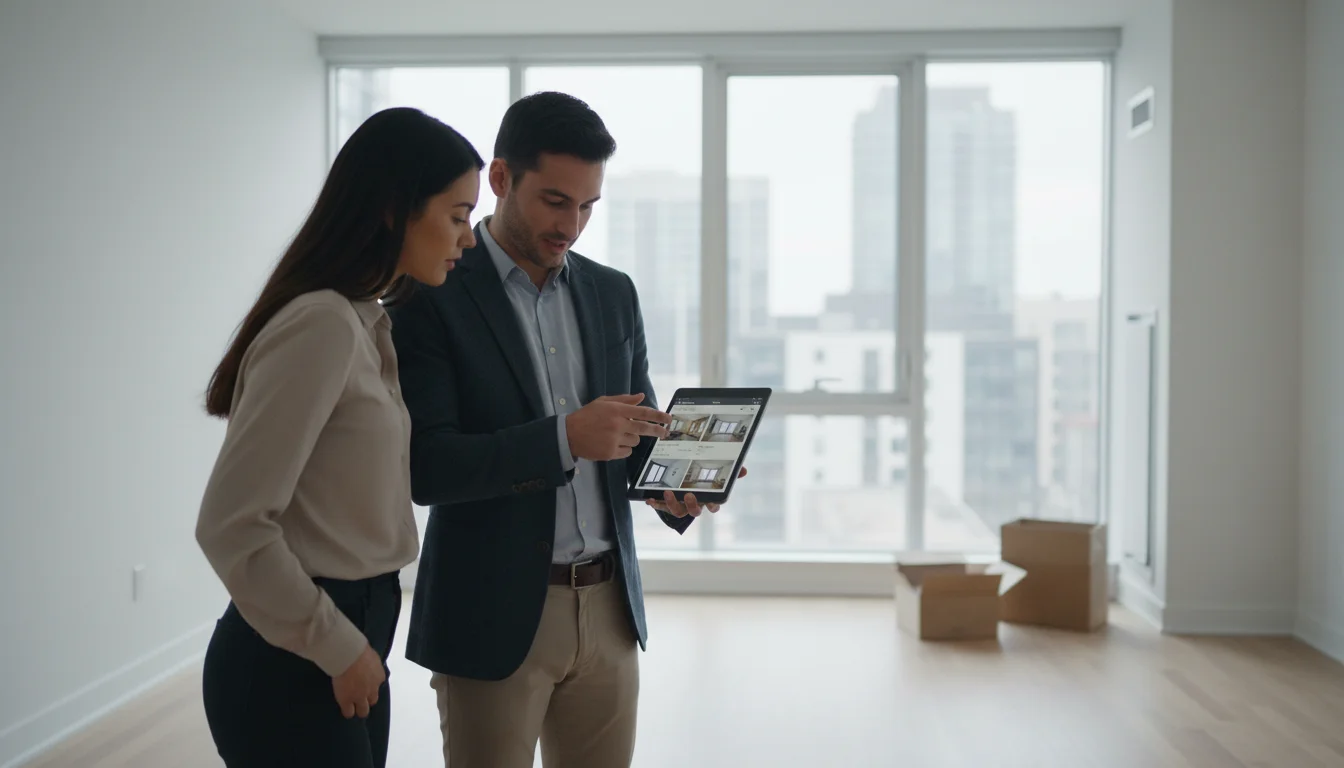 Professional using mobile app to search for apartments with map-based property discovery