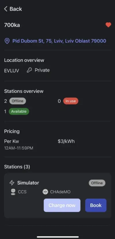 EvLuv charging station details and booking interface with scheduling calendar