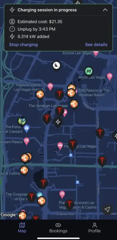 EvLuv real-time charging station map with availability showing 65,000+ stations