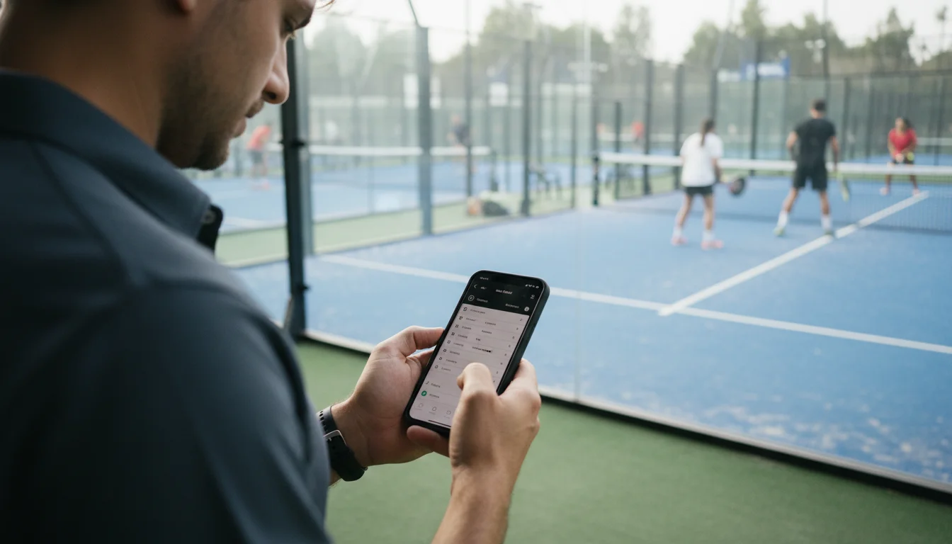 Tournament organizer using FunPadel mobile app at padel court to manage event