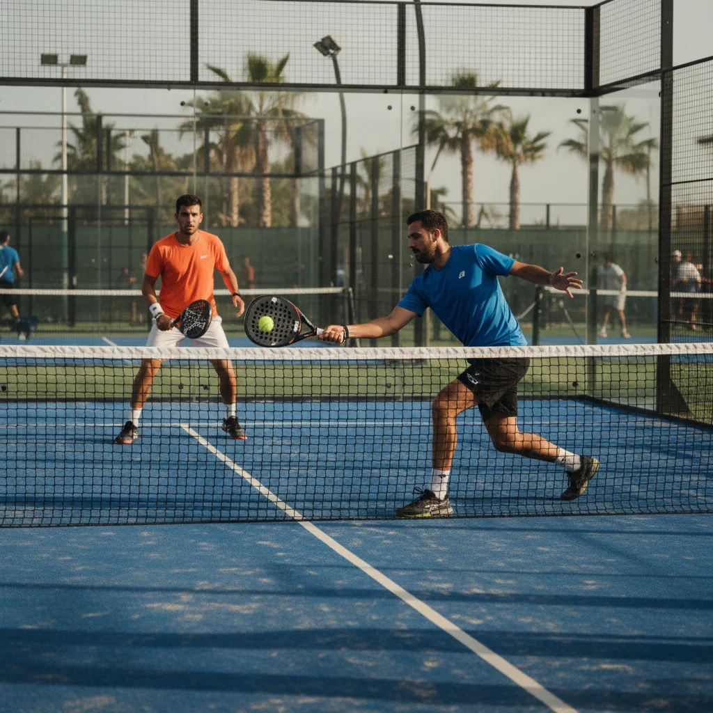 Padel tennis players in action during competitive tournament match on outdoor court