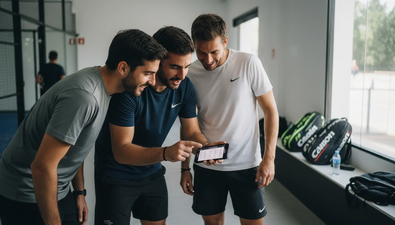 Padel players reviewing tournament leaderboard and match pairings on mobile device