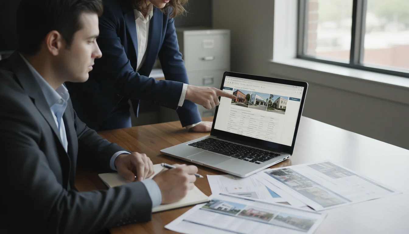 Business professionals reviewing commercial real estate loan documents and mortgage marketplace platform